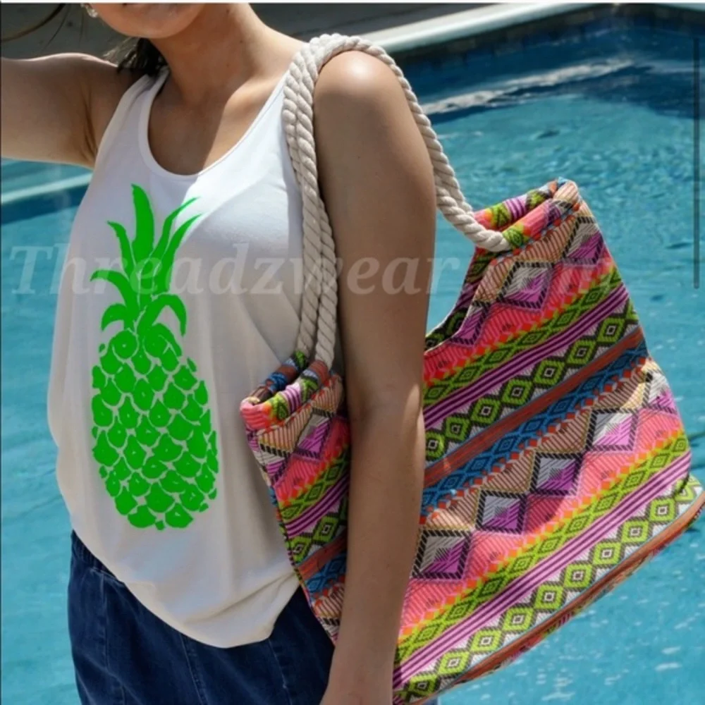 ❌SOLD in Bundle❌Aztec Southwestern Canvas Rope Handle Tote Beach Bag Summer NEW - Picture 4 of 7